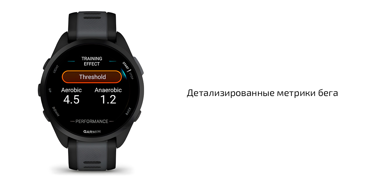 Спортивные часы Garmin Forerunner 165, силиконовый ремешок цвета чёрный/синевато-серый — Детализированные метрики бега